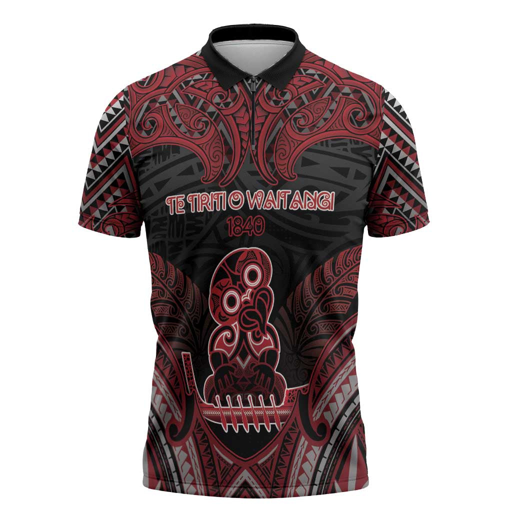Personalised New Zealand Waitangi Day Zipper Polo Shirt Te Tiriti O Waitangi 1840 DT05 Black - Polynesian Pride