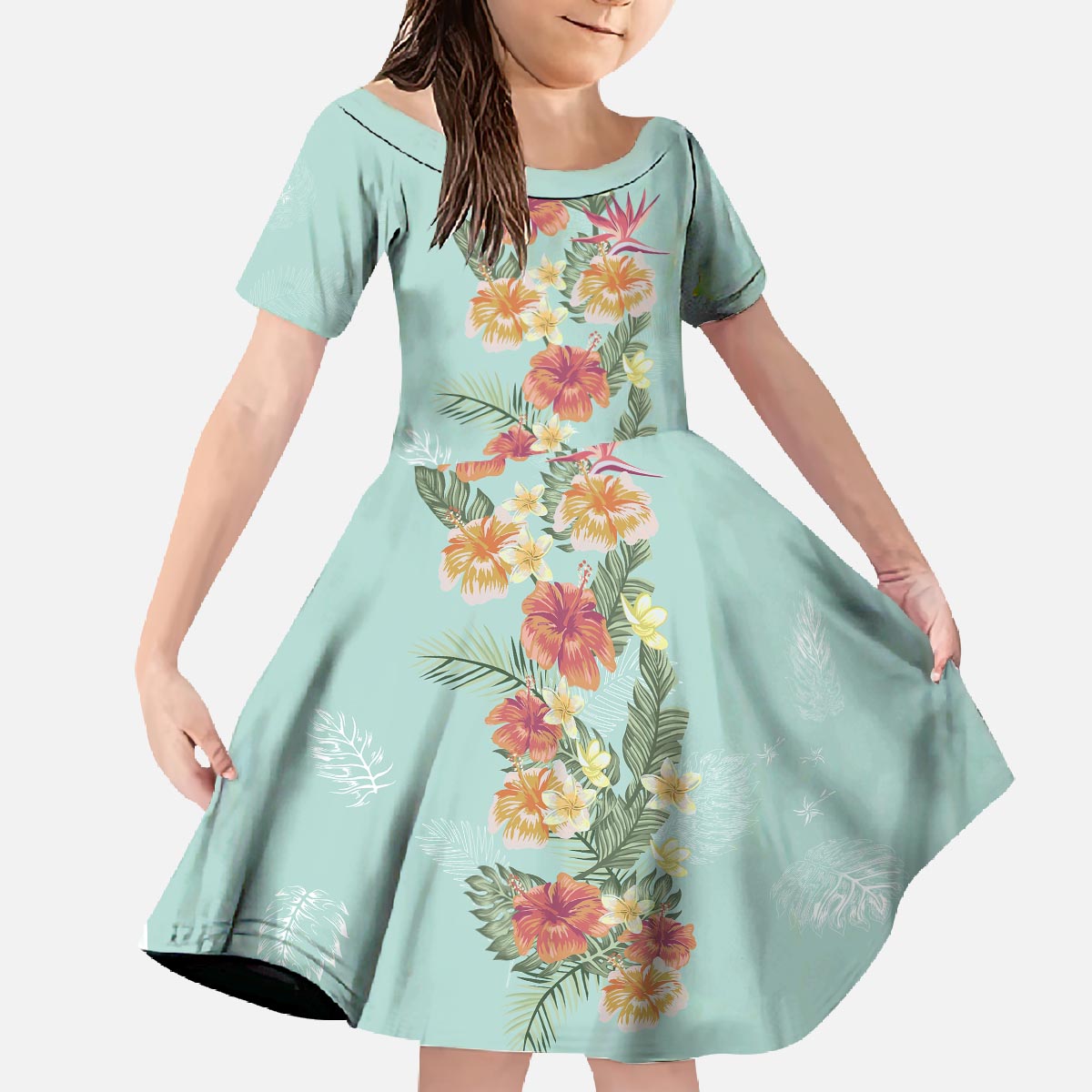 Hawaii Tropical Family Matching Outfit Hibiscus Flowers Polynesian Off Shoulder Long Sleeve Dress And Shirt Family Set Daughter's Dress - Polynesian Pride