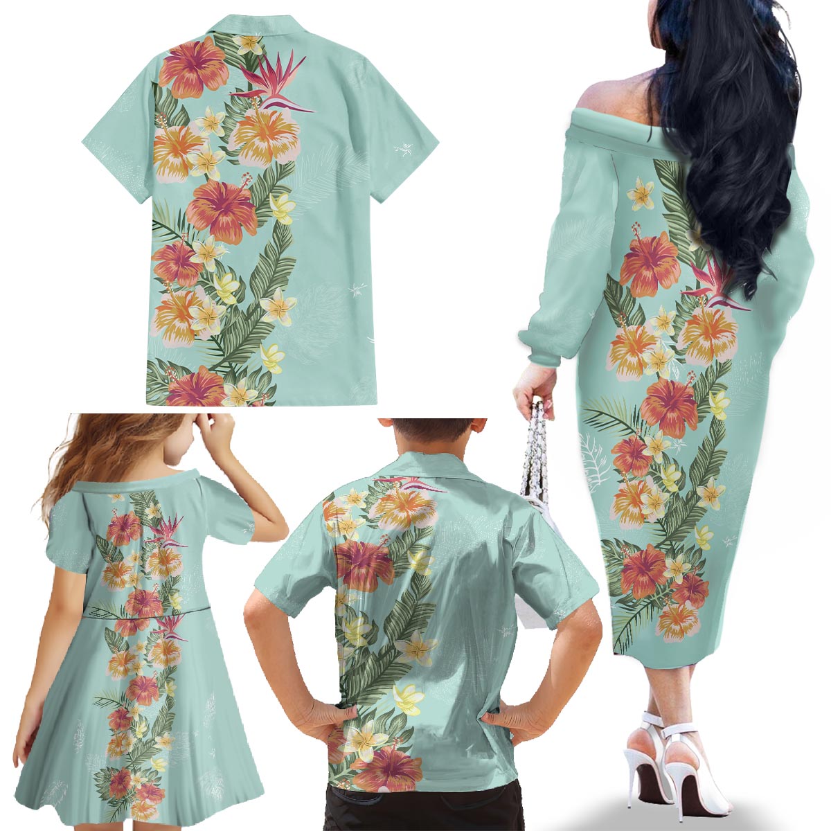 Hawaii Tropical Family Matching Outfit Hibiscus Flowers Polynesian Off Shoulder Long Sleeve Dress And Shirt Family Set - Polynesian Pride