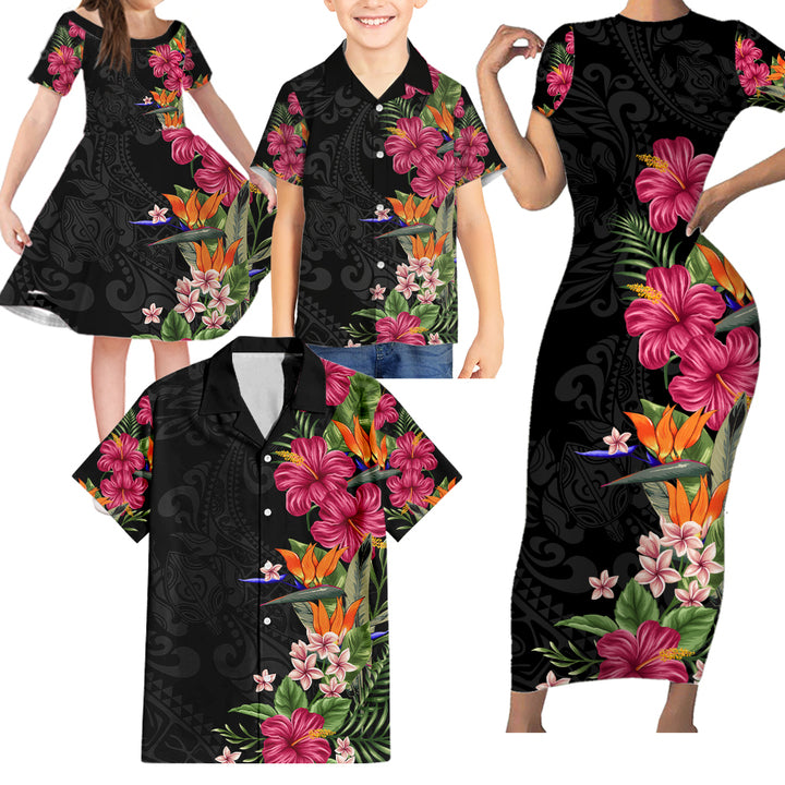 Hawaii Flowers Tribal Pattern Family Matching Short Sleeve Bodycon Dress and Hawaiian Shirt - LT9 - Polynesian Pride