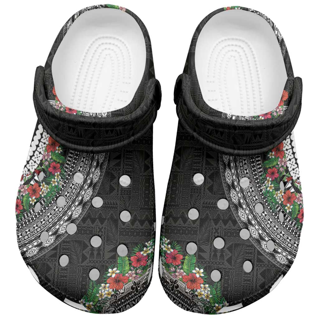 Fiji Hibiscus Clogs Shoes Tapa Masi Motifs with Tropical Plants LT03 Black - Polynesian Pride