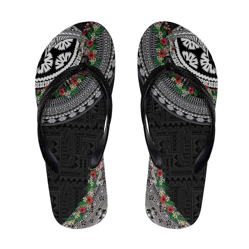 Fiji Hibiscus Flip Flops Tapa Masi Motifs with Tropical Plants LT03 Black - Polynesian Pride