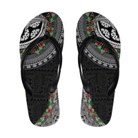 Fiji Hibiscus Flip Flops Tapa Masi Motifs with Tropical Plants LT03 Black - Polynesian Pride