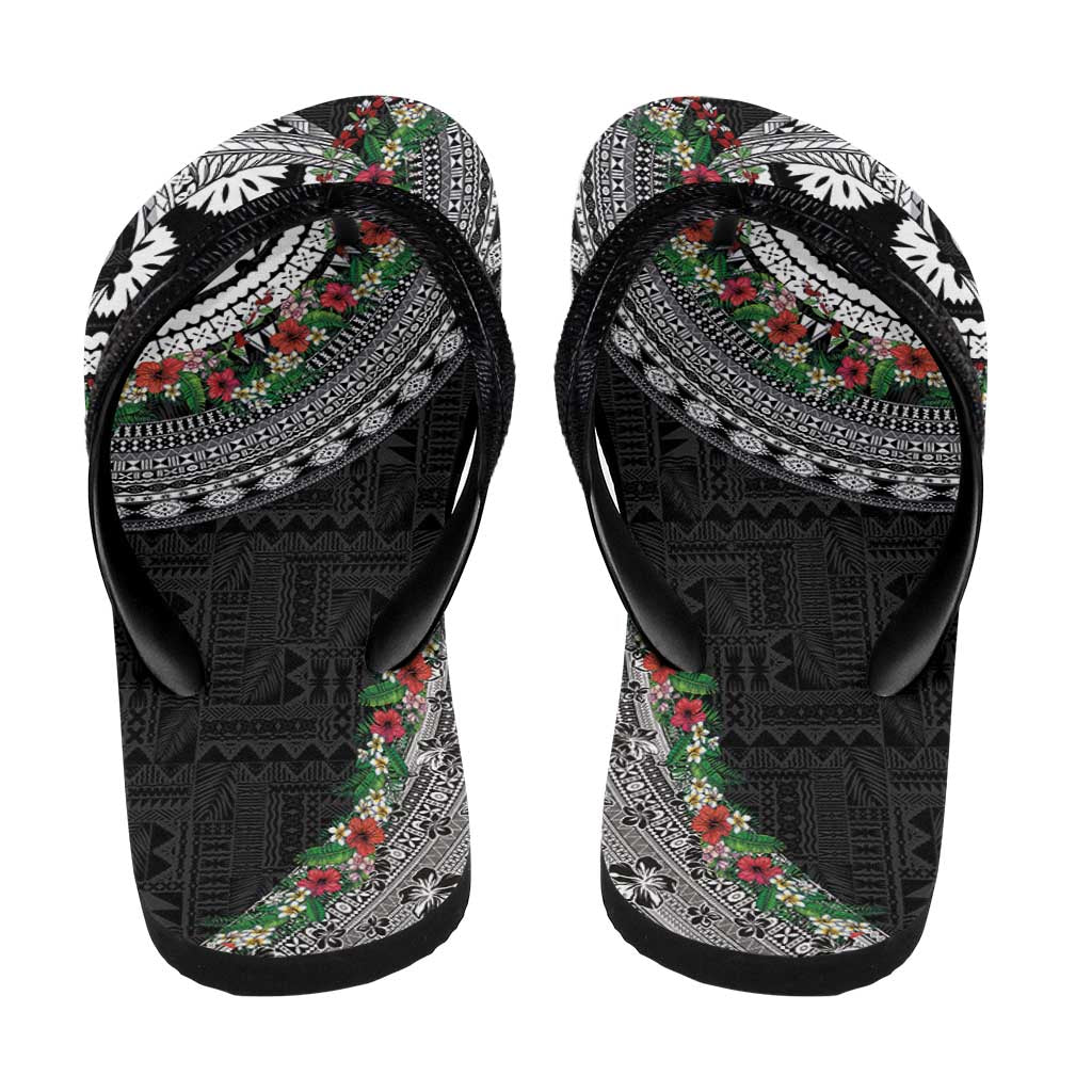 Fiji Hibiscus Flip Flops Tapa Masi Motifs with Tropical Plants LT03 - Polynesian Pride