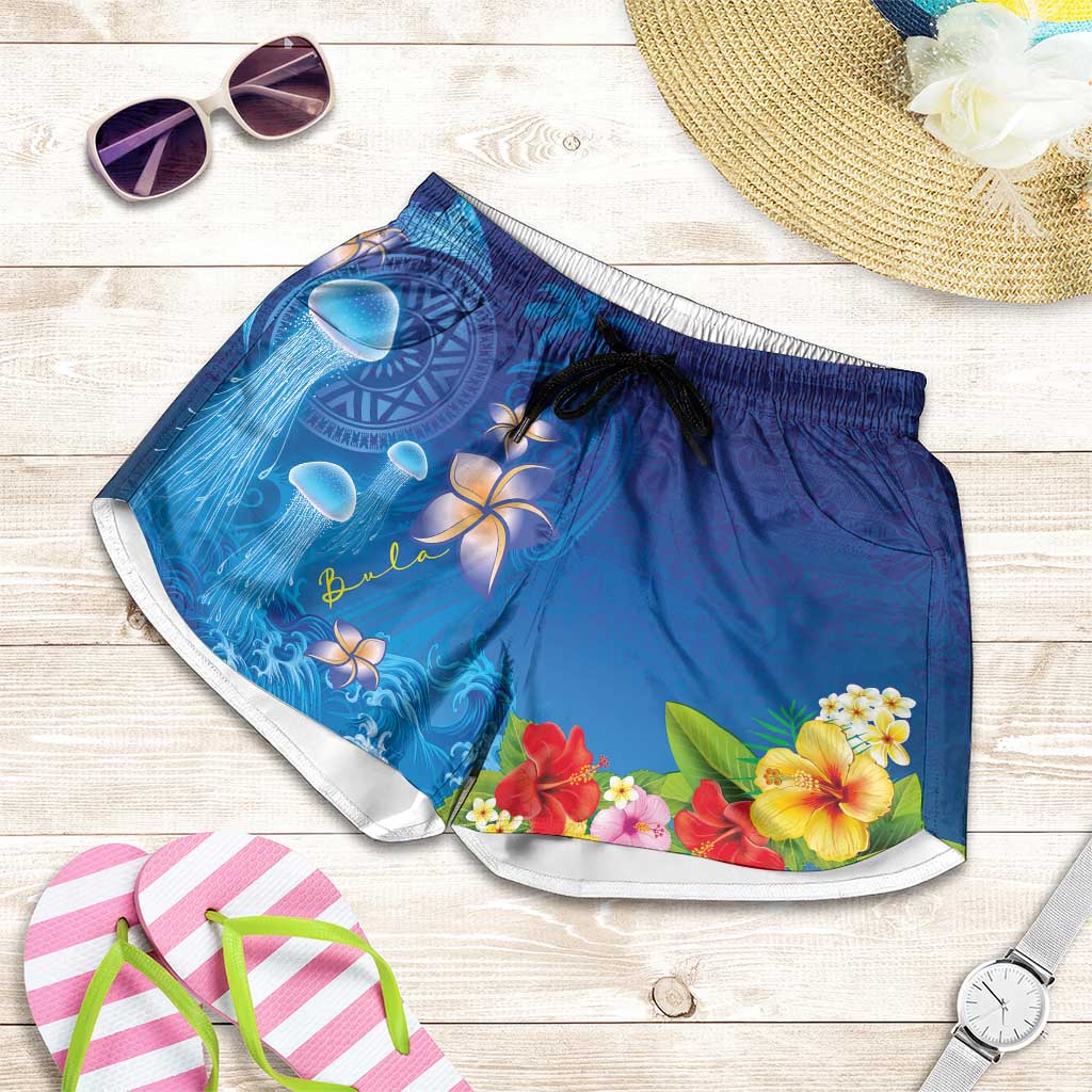 Fiji Jellyfish Shorts for Women Tapa Patterns and Hibiscus Sea Vibe