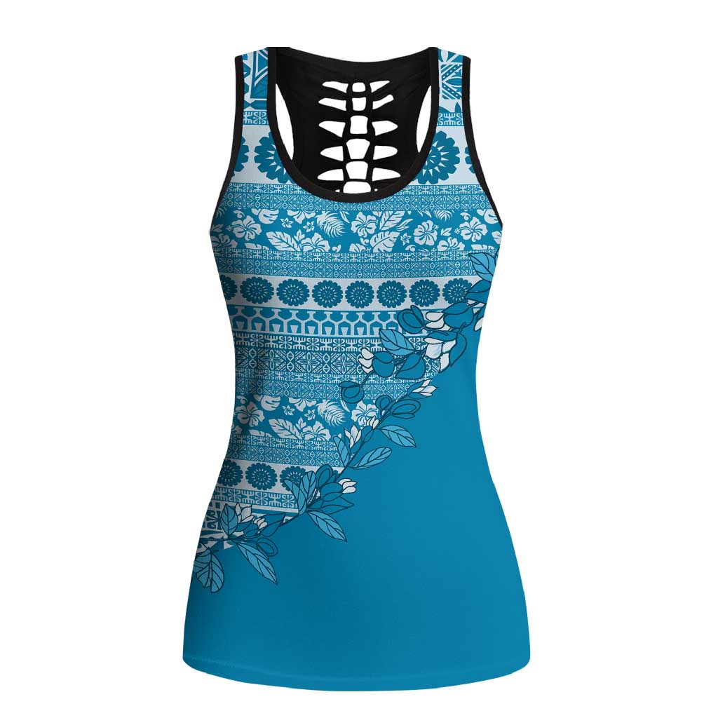 Fiji Marau na Kerisimasi Hollow Tank Top Aqua Tagimoucia Tapa Masi Tribal LT9 Female Aqua - Polynesian Pride
