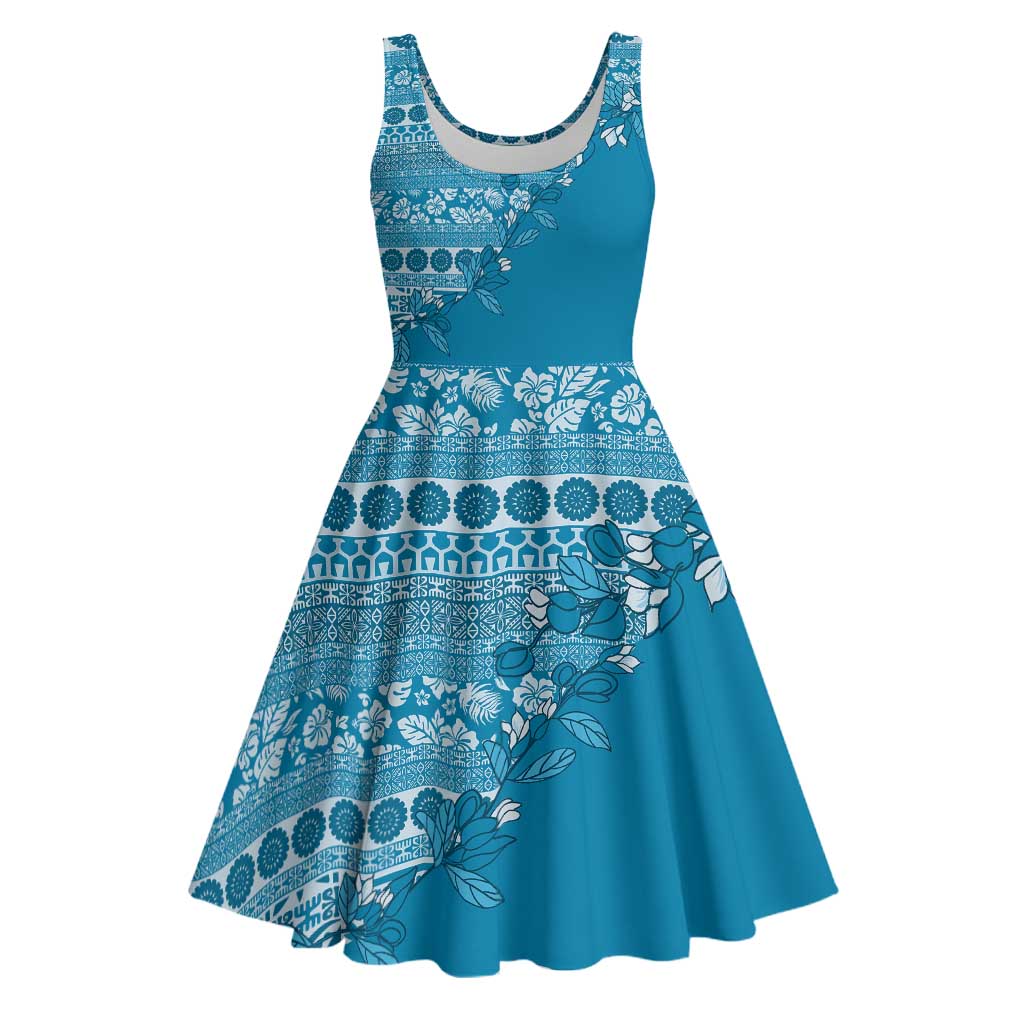 Fiji Marau na Kerisimasi Midi Dress Aqua Tagimoucia Tapa Masi Tribal LT9 Aqua - Polynesian Pride