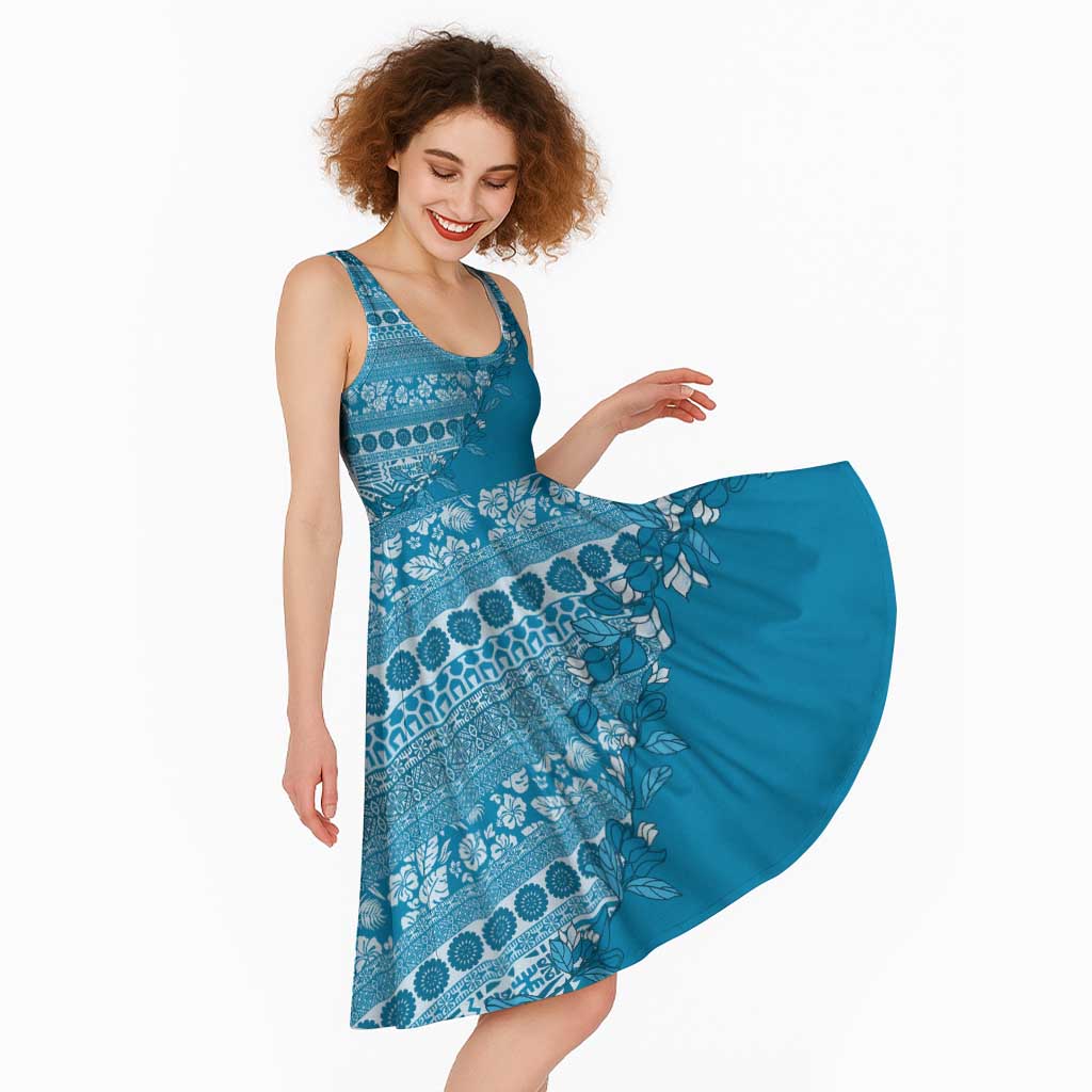 Fiji Marau na Kerisimasi Midi Dress Aqua Tagimoucia Tapa Masi Tribal LT9 - Polynesian Pride