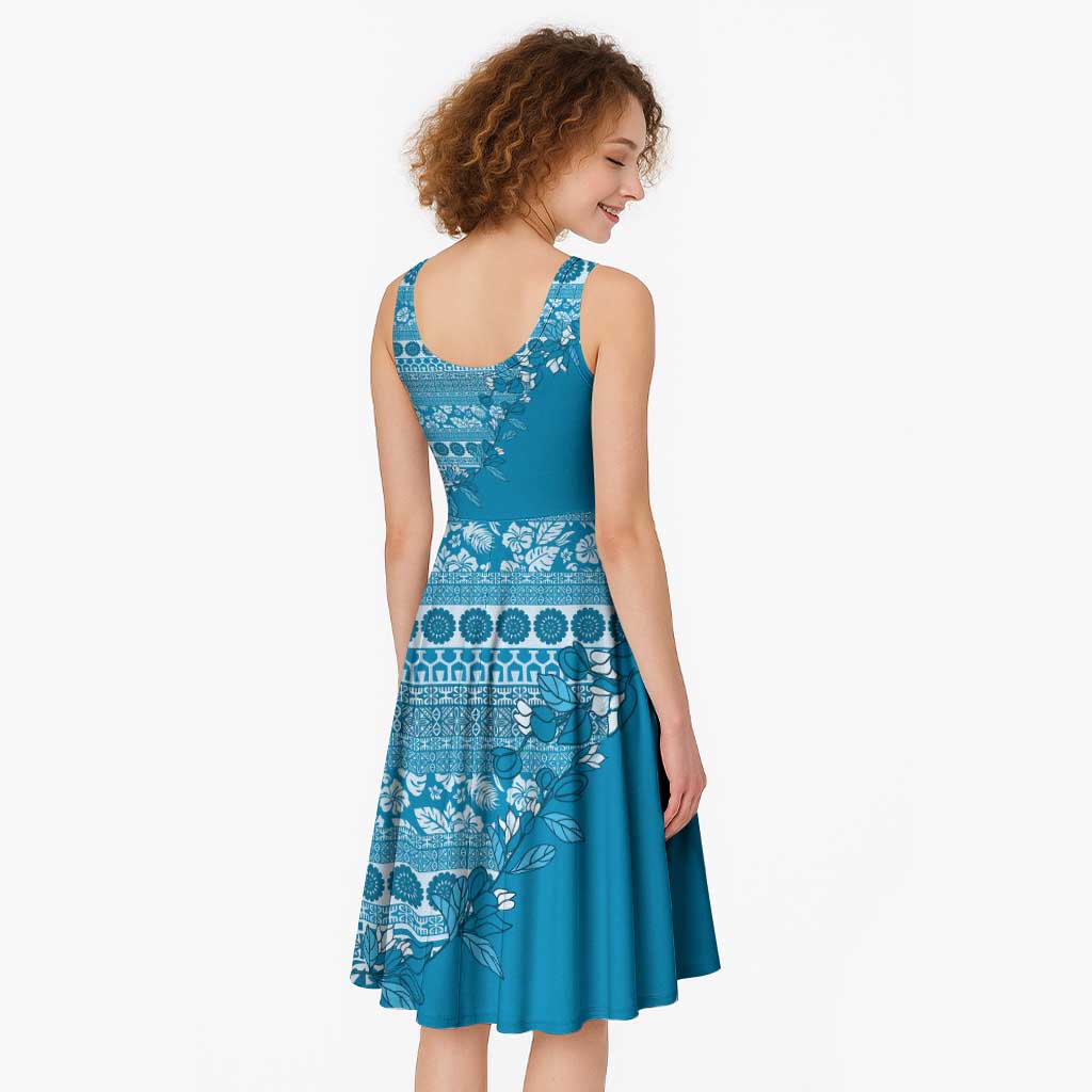 Fiji Marau na Kerisimasi Midi Dress Aqua Tagimoucia Tapa Masi Tribal LT9 - Polynesian Pride