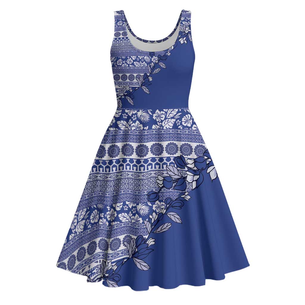 Fiji Marau na Kerisimasi Midi Dress Blue Tagimoucia Tapa Masi Tribal LT9 Blue - Polynesian Pride