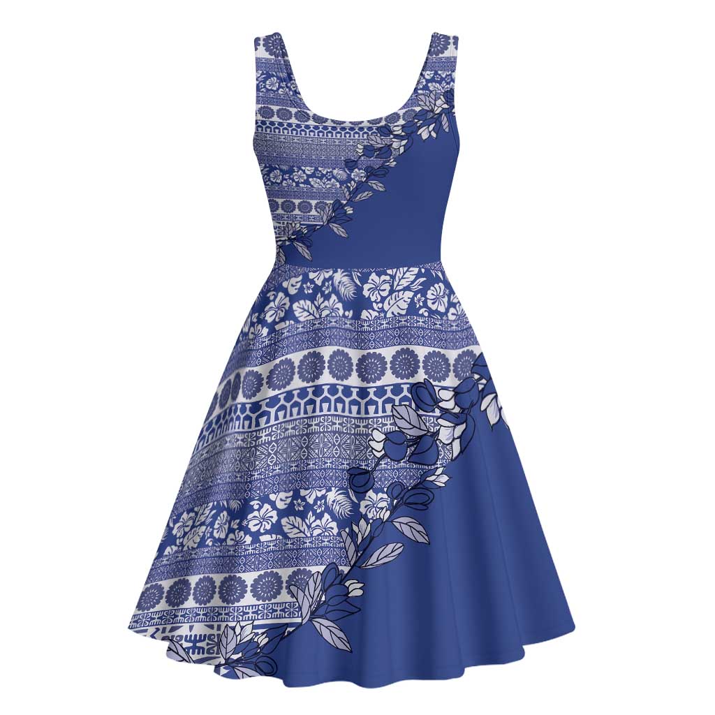 Fiji Marau na Kerisimasi Midi Dress Blue Tagimoucia Tapa Masi Tribal LT9 - Polynesian Pride