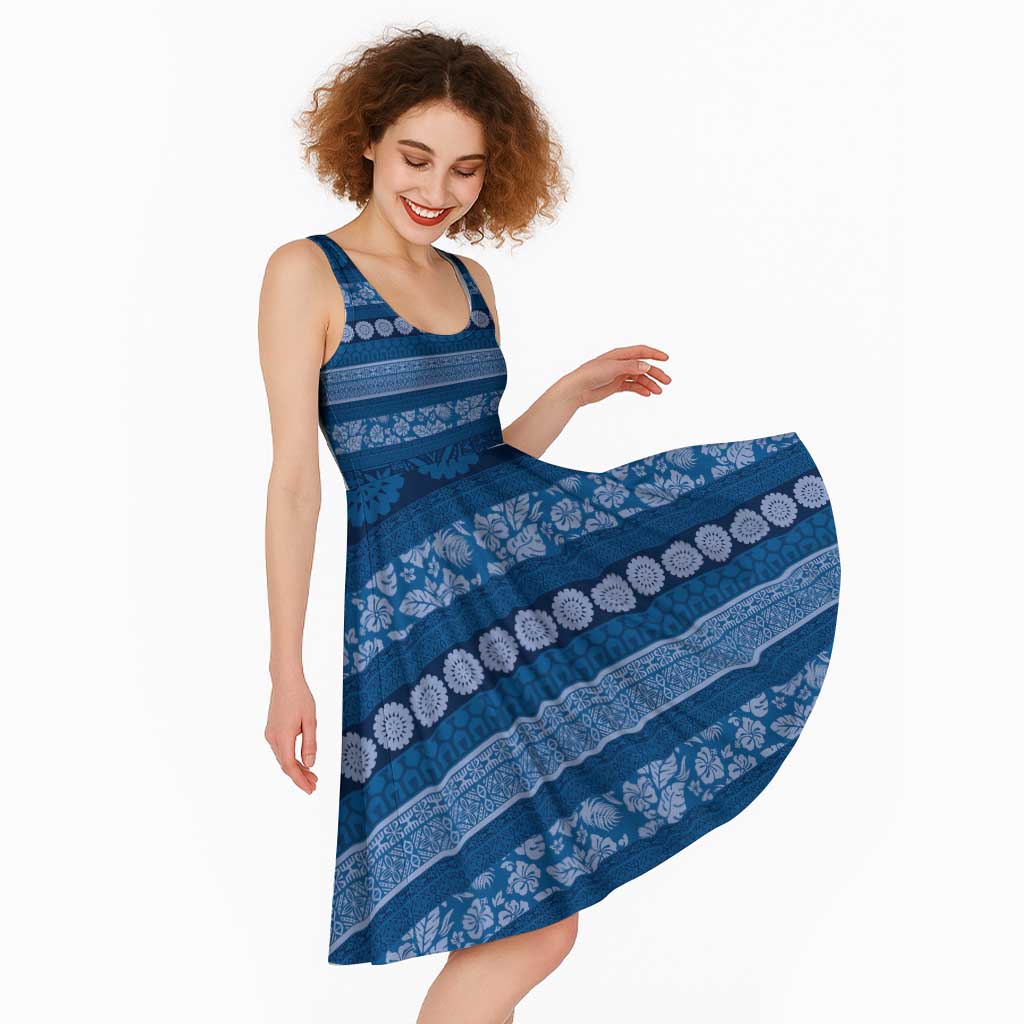 Fiji Marau na Kerisimasi Midi Dress Blue Tapa Masi Inspired Christmas - Polynesian Pride