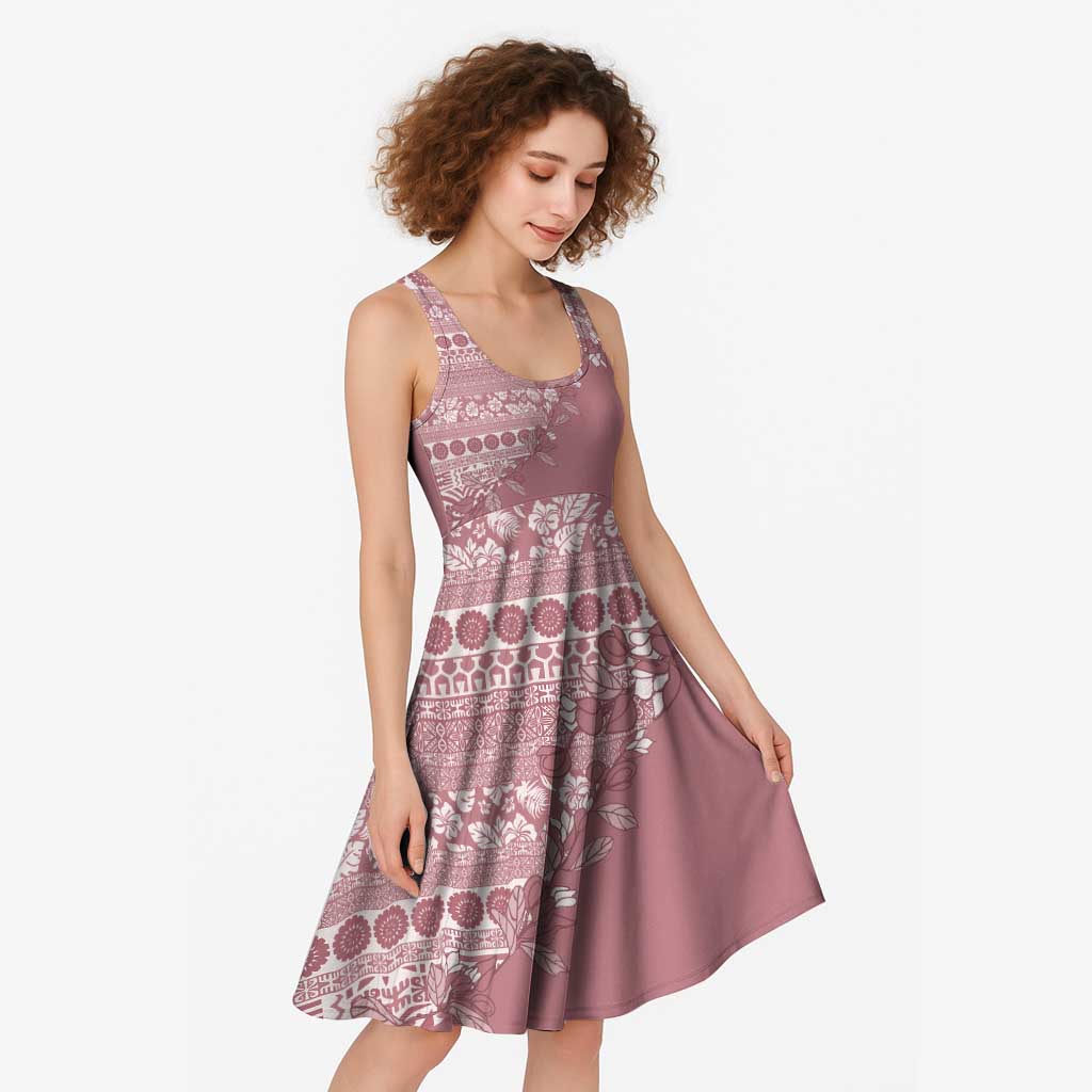 Fiji Marau na Kerisimasi Midi Dress Dusty Rose Tagimoucia Tapa Masi Tribal LT9 - Polynesian Pride