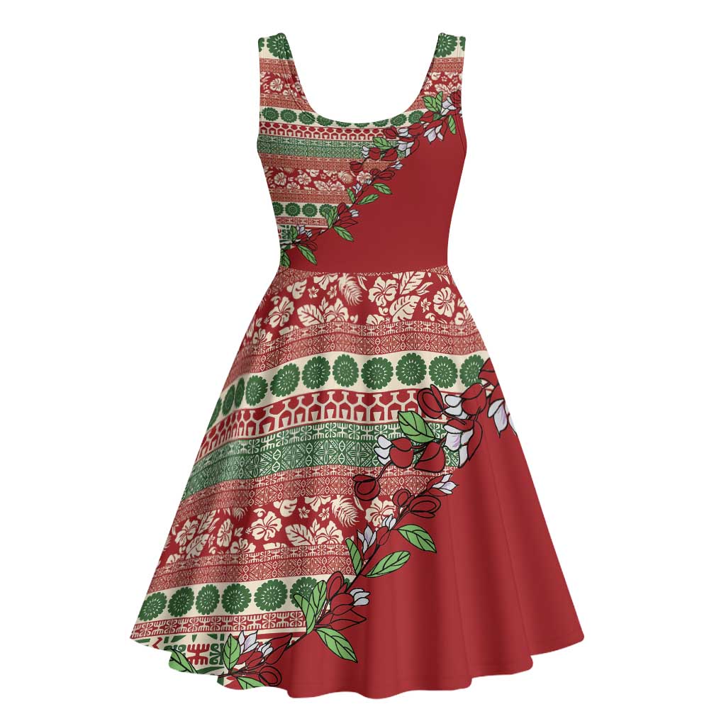 Fiji Marau na Kerisimasi Midi Dress Red Tagimoucia Tapa Masi Tribal LT9 - Polynesian Pride