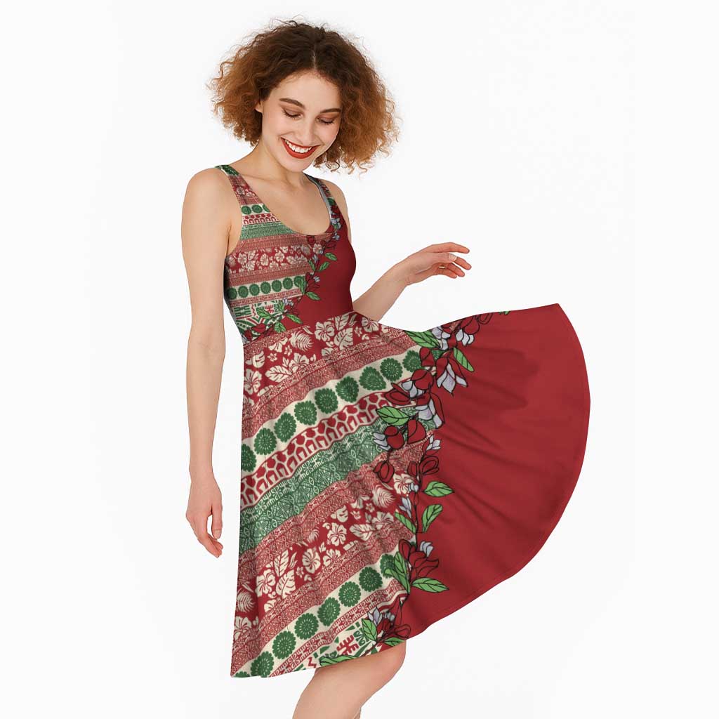 Fiji Marau na Kerisimasi Midi Dress Red Tagimoucia Tapa Masi Tribal LT9 - Polynesian Pride