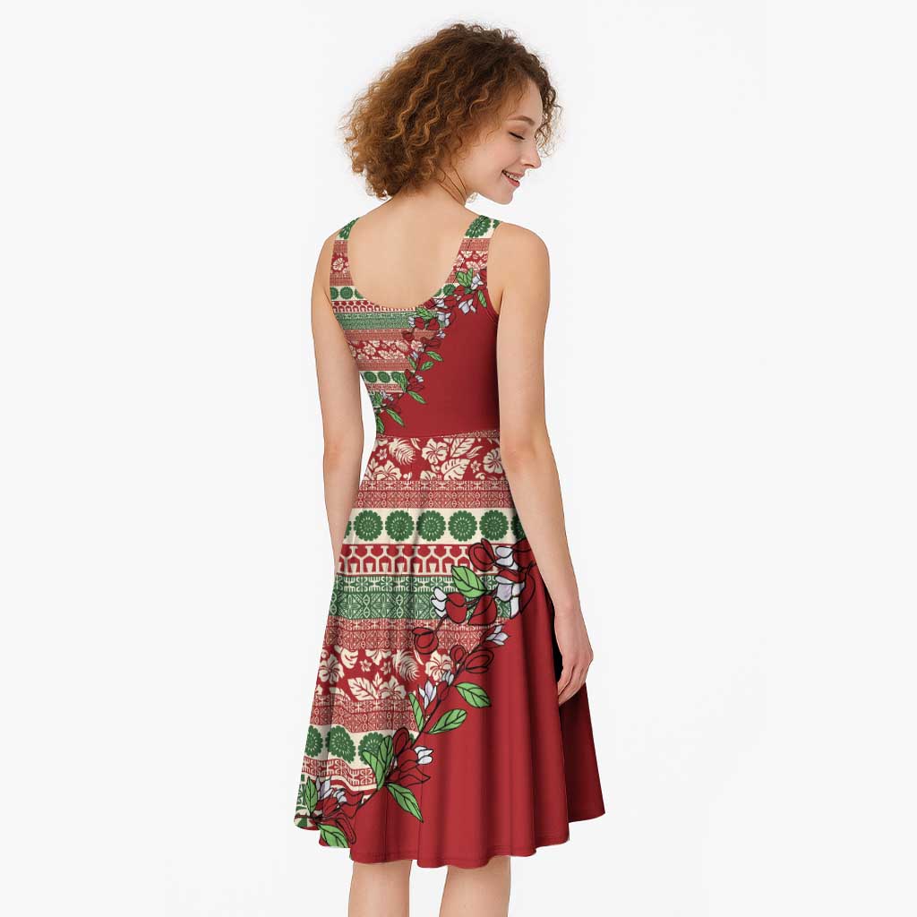 Fiji Marau na Kerisimasi Midi Dress Red Tagimoucia Tapa Masi Tribal LT9 - Polynesian Pride