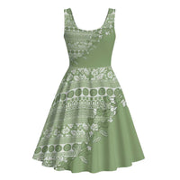 Fiji Marau na Kerisimasi Midi Dress Sage Green Tagimoucia Tapa Masi Tribal LT9 - Polynesian Pride