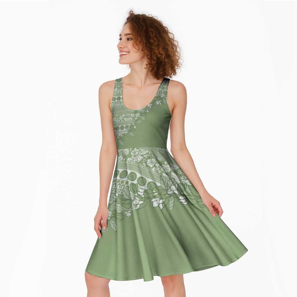 Fiji Marau na Kerisimasi Midi Dress Sage Green Tagimoucia Tapa Masi Tribal LT9 - Polynesian Pride