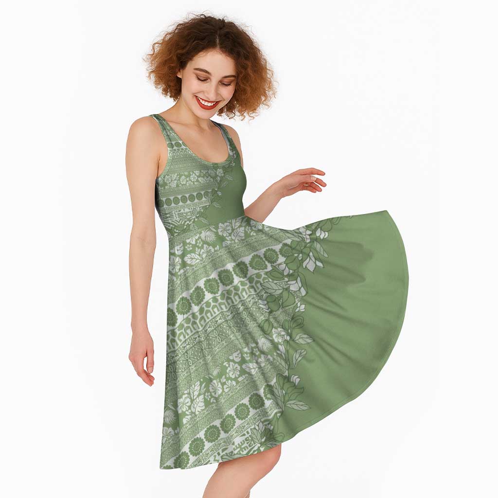 Fiji Marau na Kerisimasi Midi Dress Sage Green Tagimoucia Tapa Masi Tribal LT9 - Polynesian Pride