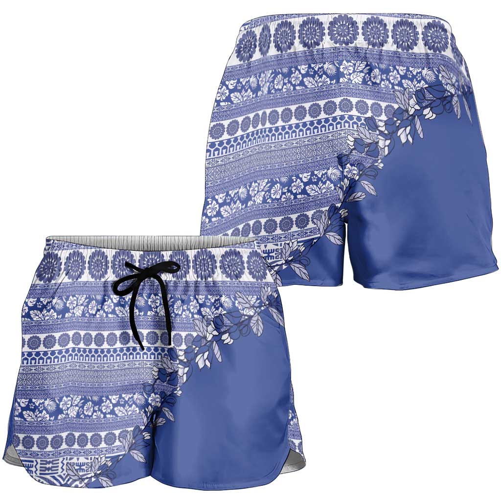 Fiji Marau na Kerisimasi Shorts for Women Blue Tagimoucia Tapa Masi Tribal LT9 - Polynesian Pride