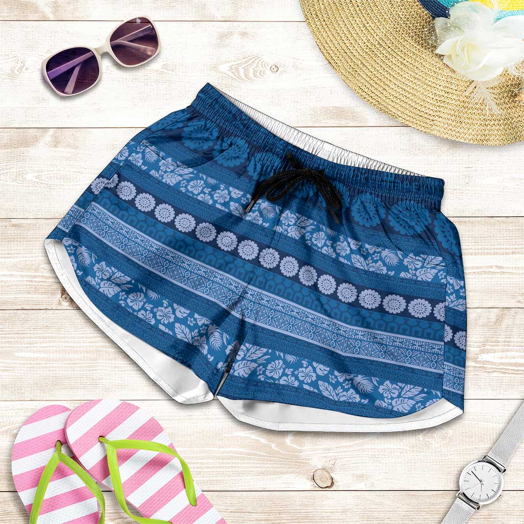 Fiji Marau na Kerisimasi Shorts for Women Blue Tapa Masi Inspired Christmas - Polynesian Pride