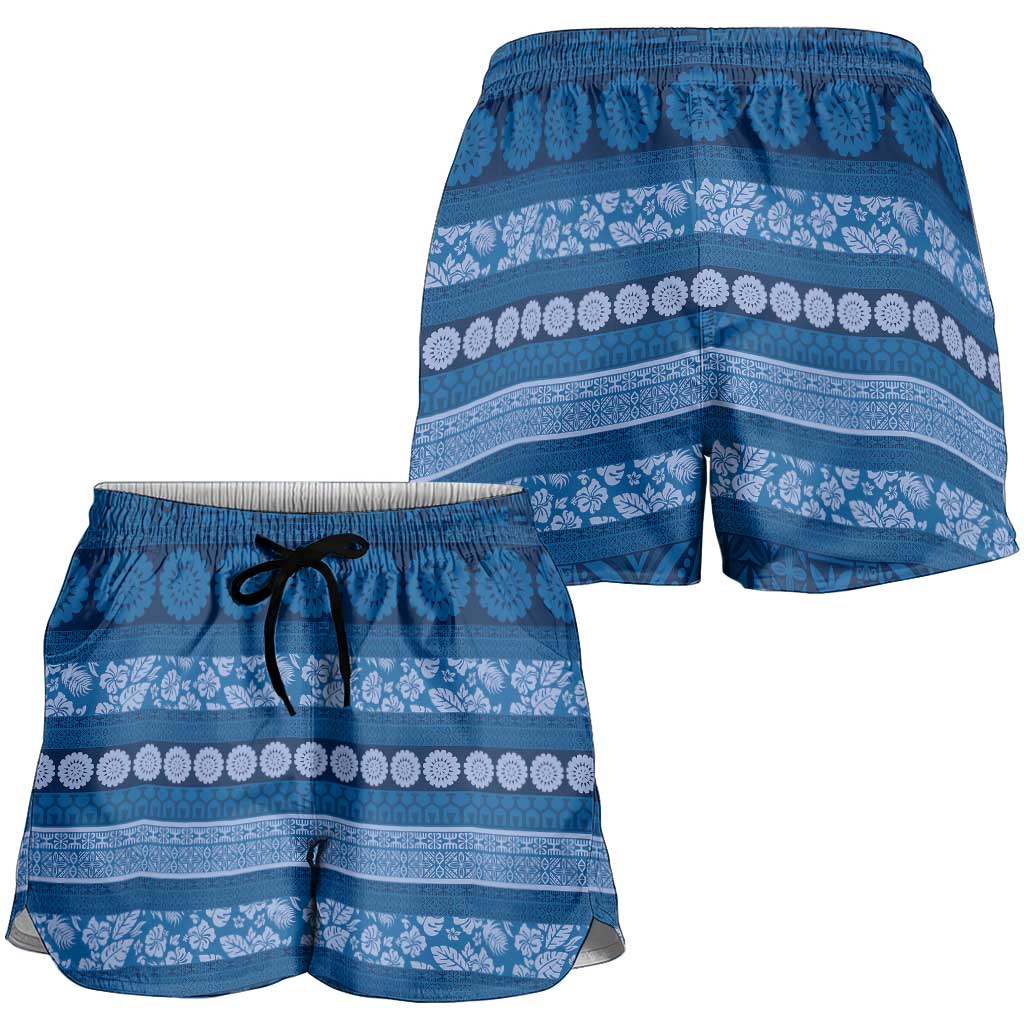 Fiji Marau na Kerisimasi Shorts for Women Blue Tapa Masi Inspired Christmas LT9 - Polynesian Pride