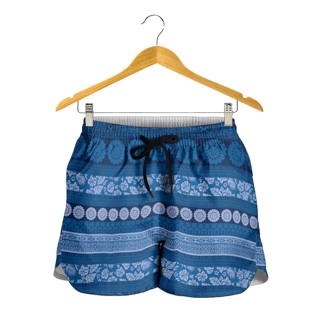Fiji Marau na Kerisimasi Shorts for Women Blue Tapa Masi Inspired Christmas LT9 - Polynesian Pride