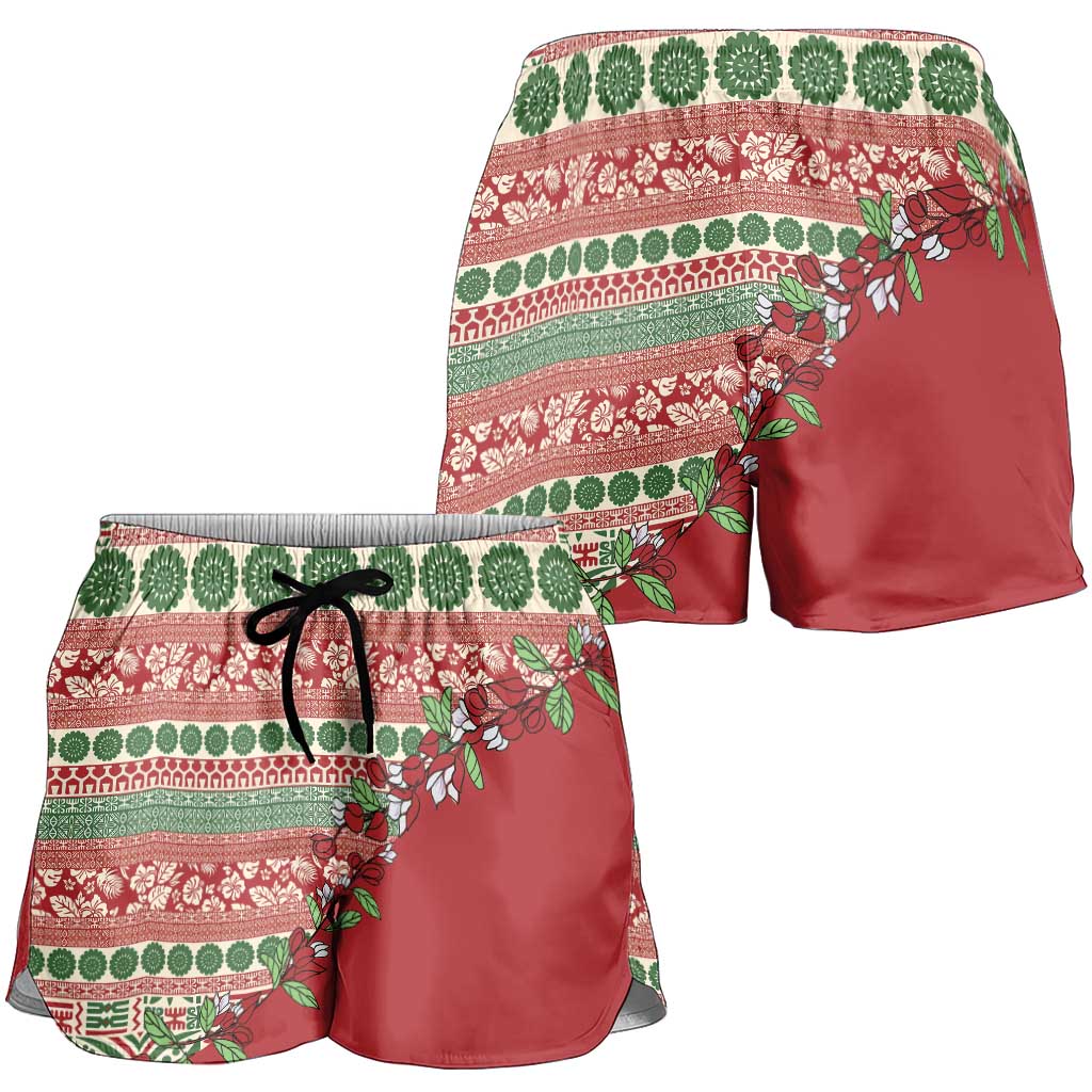 Fiji Marau na Kerisimasi Shorts for Women Red Tagimoucia Tapa Masi Tribal LT9 - Polynesian Pride