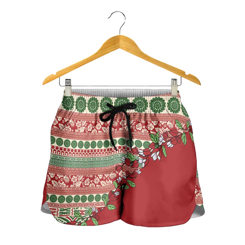 Fiji Marau na Kerisimasi Shorts for Women Red Tagimoucia Tapa Masi Tribal LT9 - Polynesian Pride