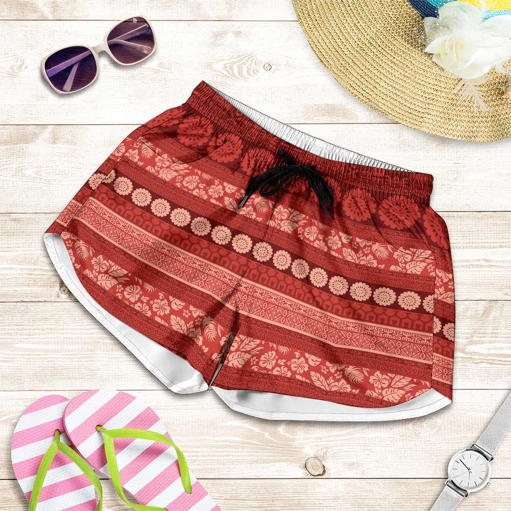 Fiji Marau na Kerisimasi Shorts for Women Red Tapa Masi Inspired Christmas LT9 Red - Polynesian Pride