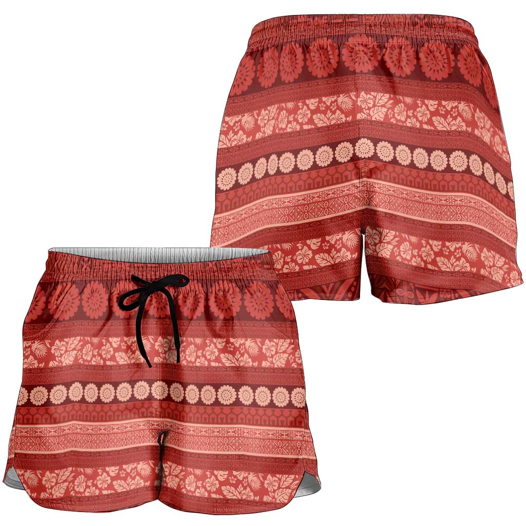 Fiji Marau na Kerisimasi Shorts for Women Red Tapa Masi Inspired Christmas LT9 - Polynesian Pride