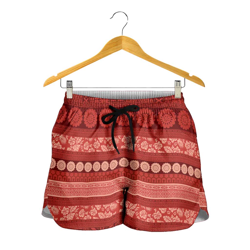 Fiji Marau na Kerisimasi Shorts for Women Red Tapa Masi Inspired Christmas LT9 - Polynesian Pride