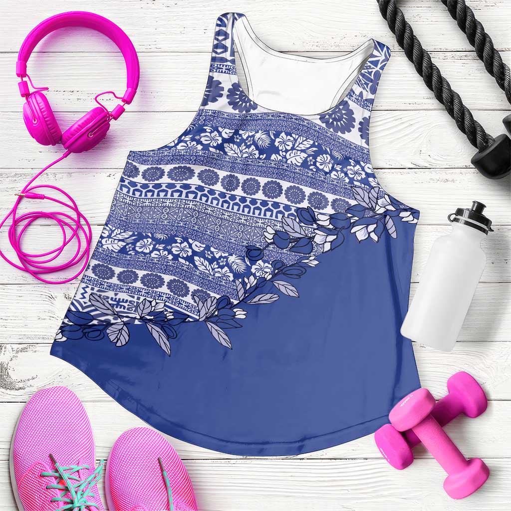 Fiji Marau na Kerisimasi Women Racerback Tank Blue Tagimoucia Tapa Masi Tribal LT9 Blue - Polynesian Pride