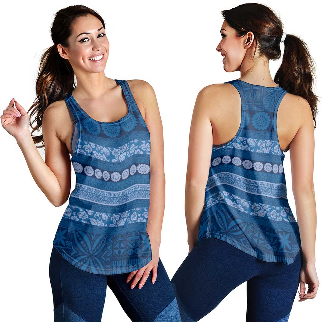 Fiji Marau na Kerisimasi Women Racerback Tank Blue Tapa Masi Inspired Christmas LT9 - Polynesian Pride