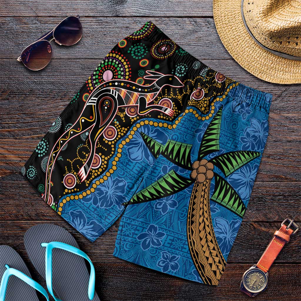 Fijian and Australian Culture Together Shorts for Men Aboriginal Art and Tapa Motifs with Kangaroo and Palm Tree LT03 Black - Polynesian Pride