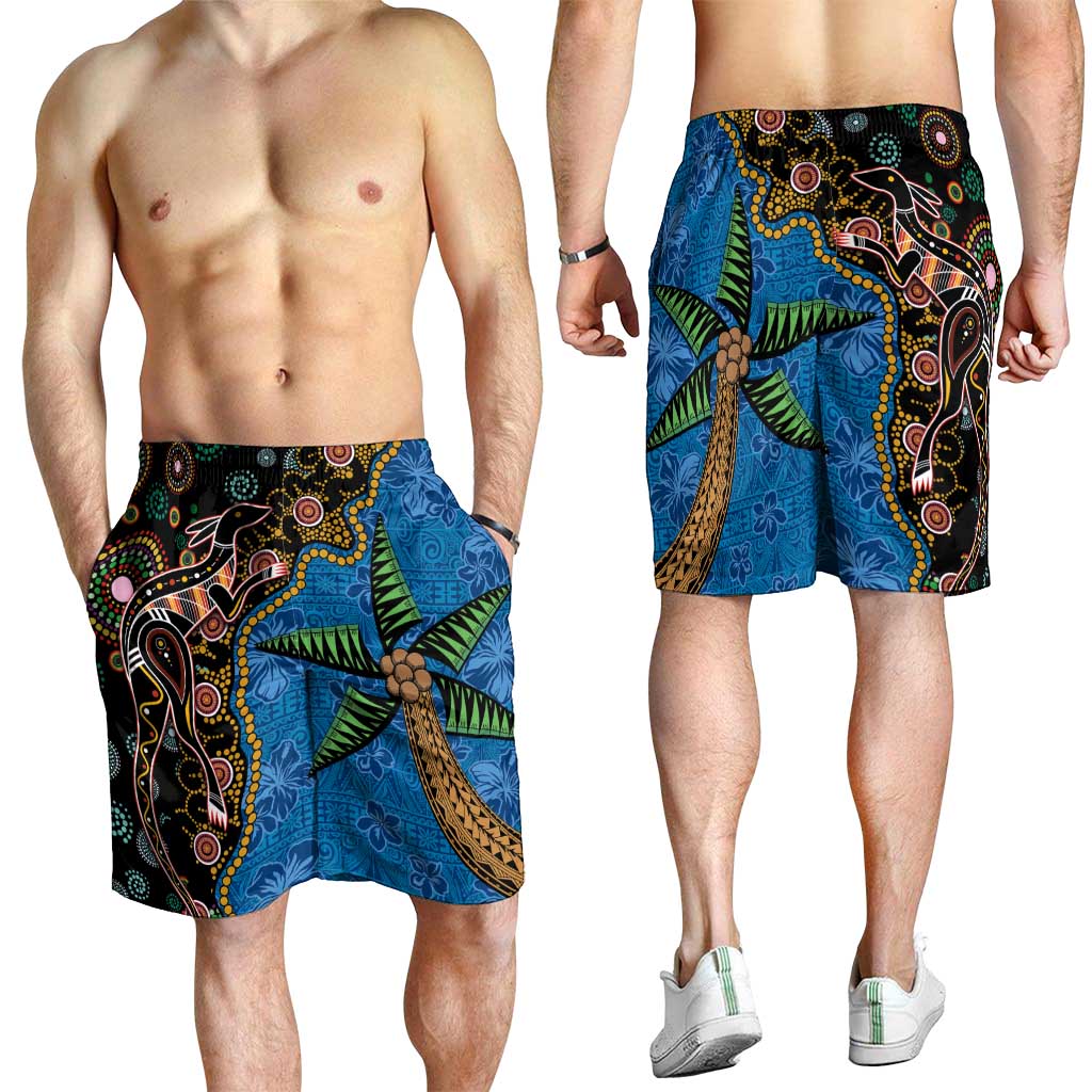 Fijian and Australian Culture Together Shorts for Men Aboriginal Art and Tapa Motifs with Kangaroo and Palm Tree LT03 - Polynesian Pride