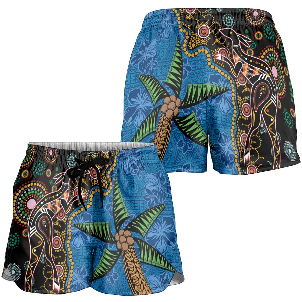 Fijian and Australian Culture Together Shorts for Women Aboriginal Art and Tapa Motifs with Kangaroo and Palm Tree LT03 - Polynesian Pride