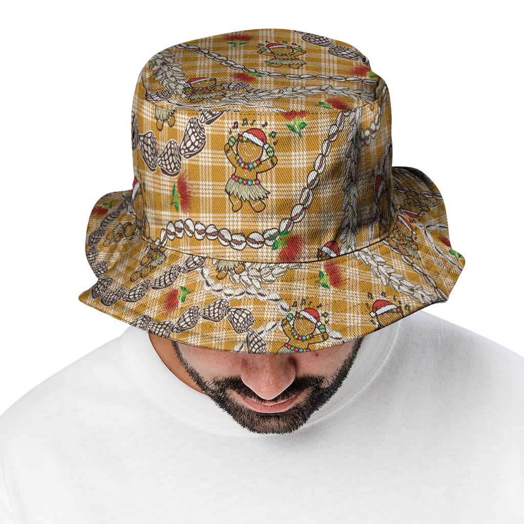 Gold Palaka Hawaii Mele Kalikimaka Bucket Hat Ohia Lehua Shell Leis Funny Gingerbread Santa - Polynesian Pride