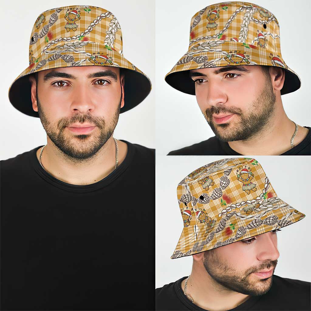 Gold Palaka Hawaii Mele Kalikimaka Bucket Hat Ohia Lehua Shell Leis Funny Gingerbread Santa - Polynesian Pride