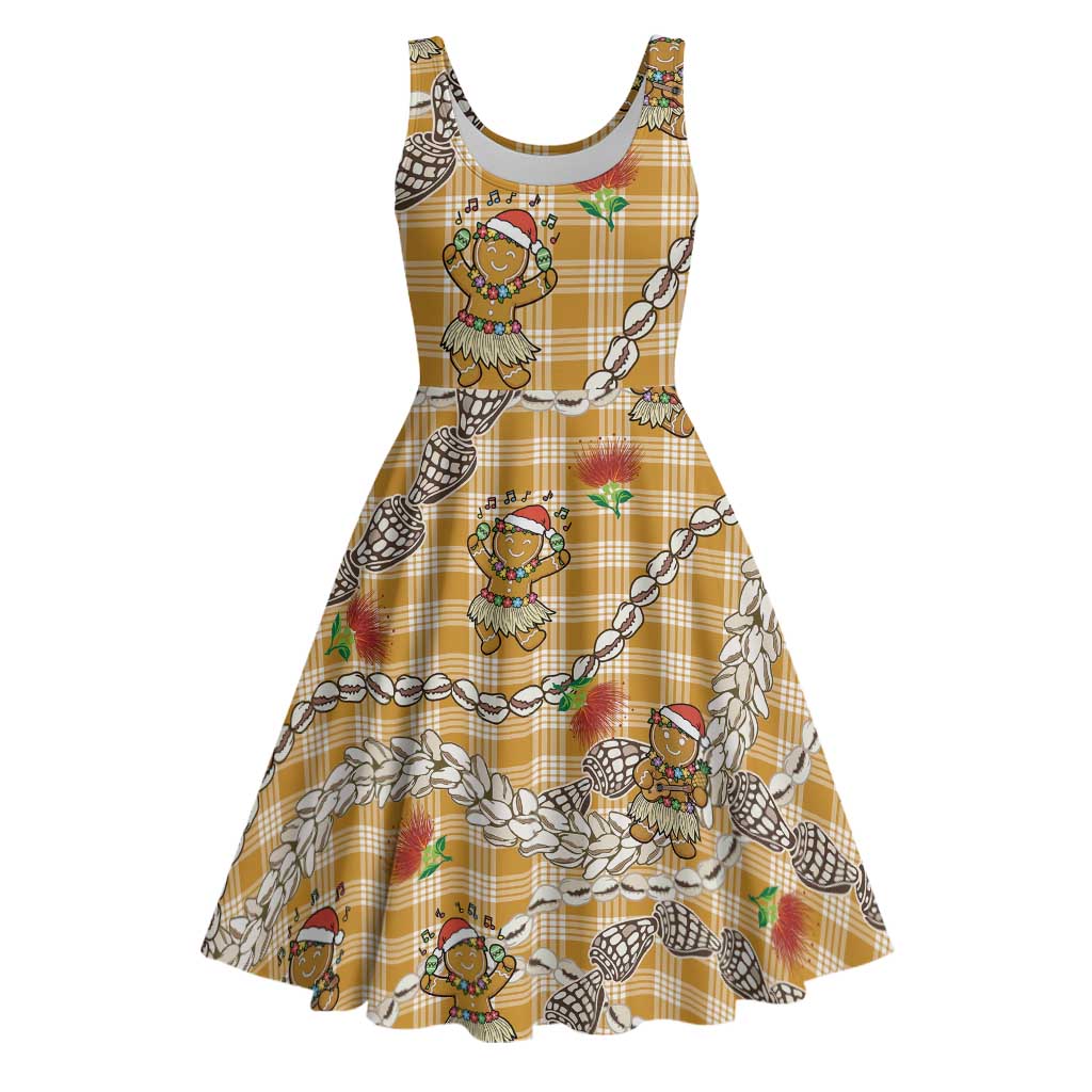 Gold Palaka Hawaii Mele Kalikimaka Midi Dress Ohia Lehua Shell Leis Funny Gingerbread Santa LT14 Gold - Polynesian Pride