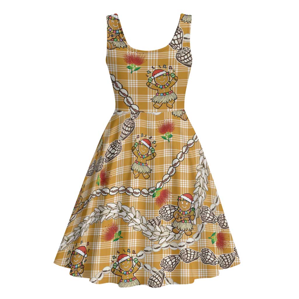 Gold Palaka Hawaii Mele Kalikimaka Midi Dress Ohia Lehua Shell Leis Funny Gingerbread Santa LT14 - Polynesian Pride