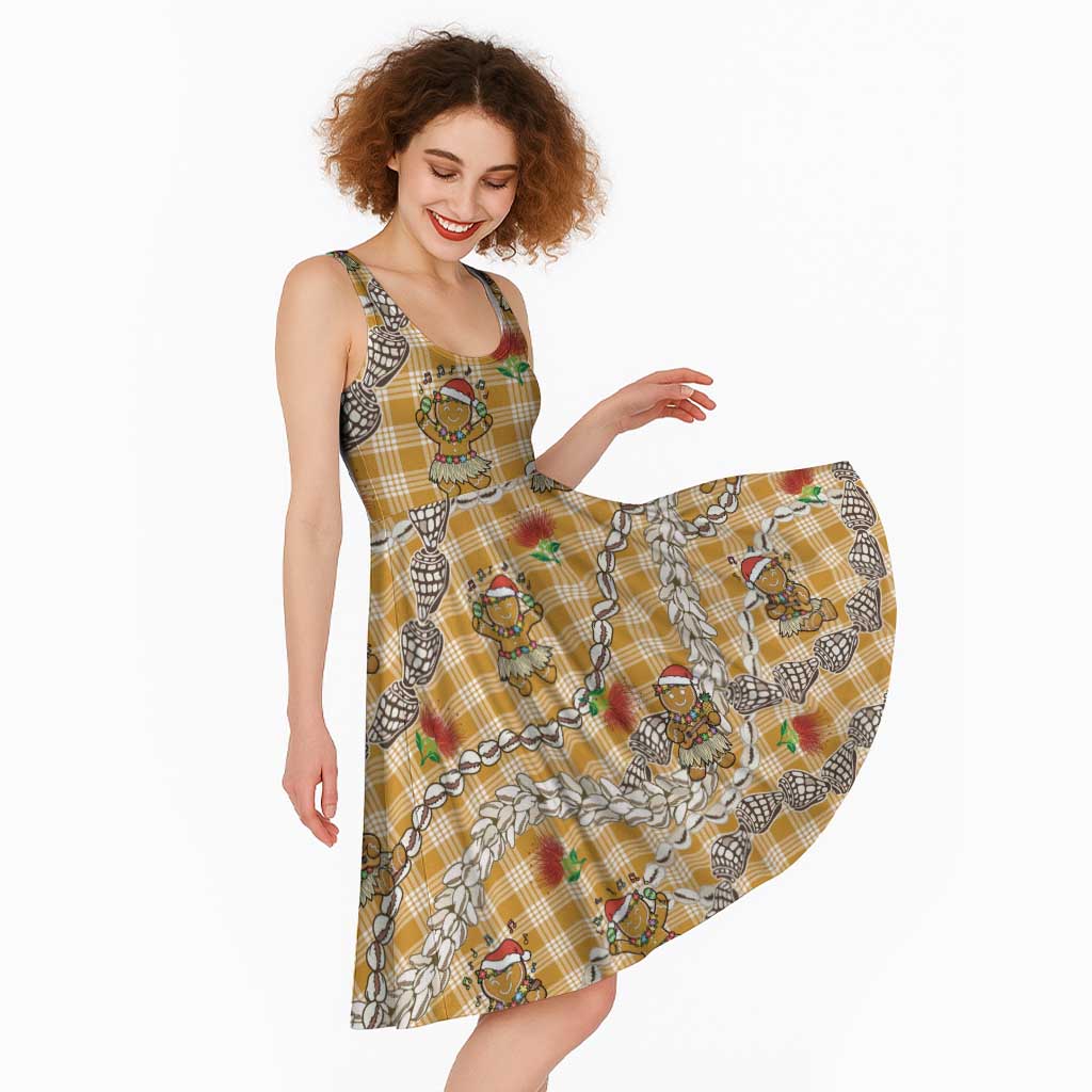Gold Palaka Hawaii Mele Kalikimaka Midi Dress Ohia Lehua Shell Leis Funny Gingerbread Santa LT14 - Polynesian Pride