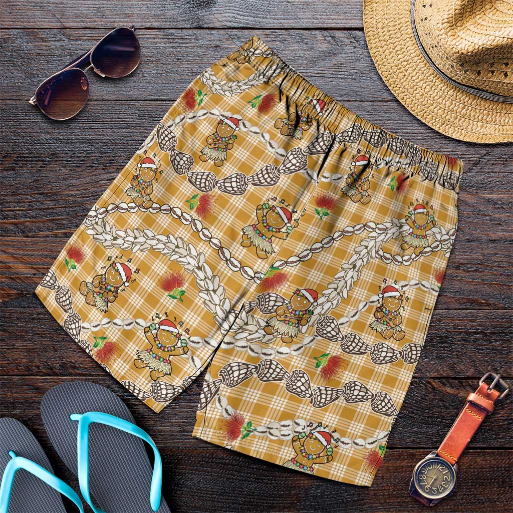 Gold Palaka Hawaii Mele Kalikimaka Shorts for Men Ohia Lehua Shell Leis Funny Gingerbread Santa - Polynesian Pride