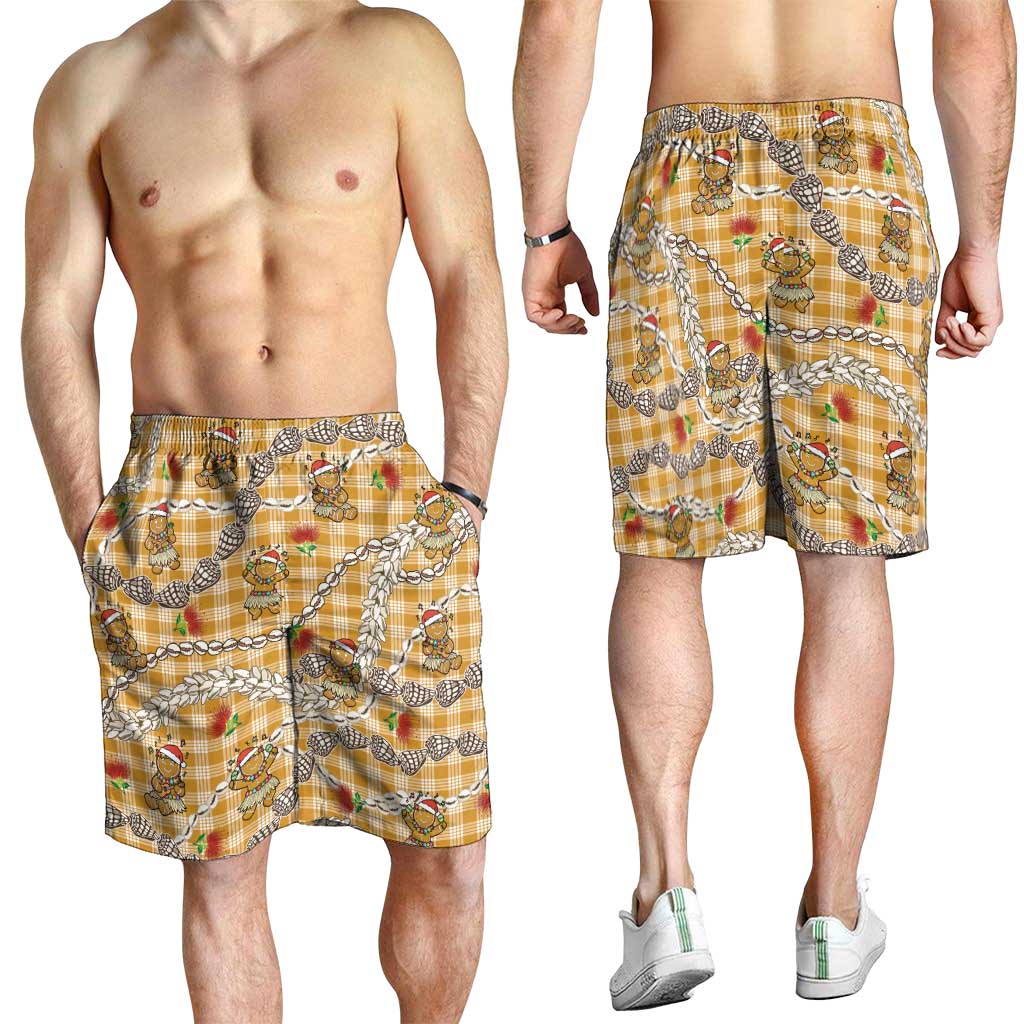 Gold Palaka Hawaii Mele Kalikimaka Shorts for Men Ohia Lehua Shell Leis Funny Gingerbread Santa LT14 - Polynesian Pride