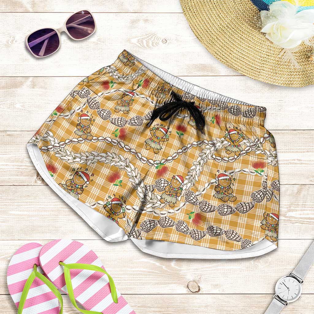 Gold Palaka Hawaii Mele Kalikimaka Shorts for Women Ohia Lehua Shell Leis Funny Gingerbread Santa LT14 Gold - Polynesian Pride