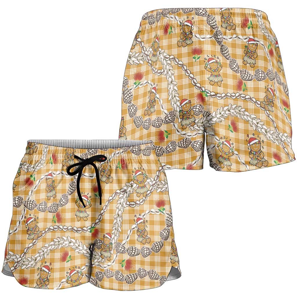 Gold Palaka Hawaii Mele Kalikimaka Shorts for Women Ohia Lehua Shell Leis Funny Gingerbread Santa LT14 - Polynesian Pride