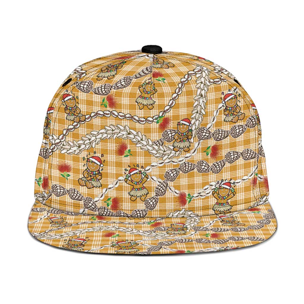 Gold Palaka Hawaii Mele Kalikimaka Snapback Cap Ohia Lehua Shell Leis Funny Gingerbread Santa - Polynesian Pride