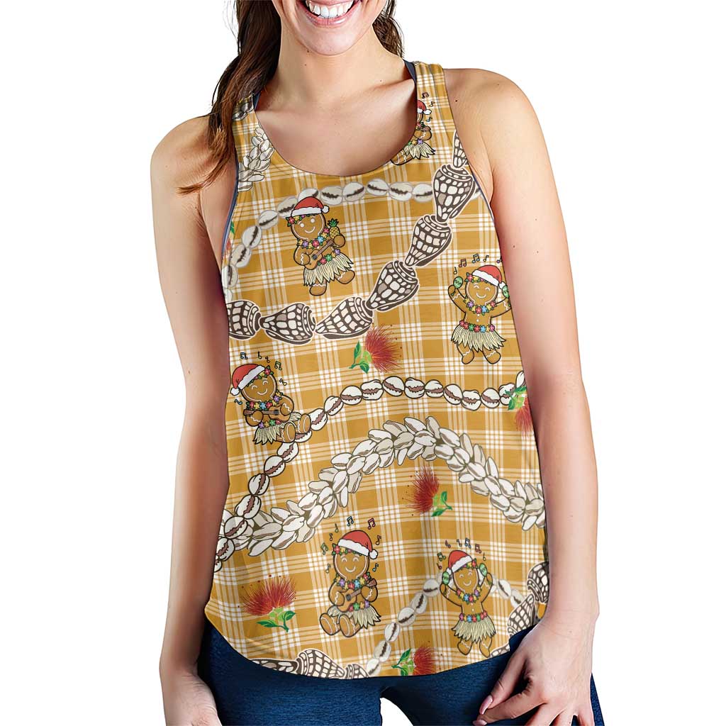 Gold Palaka Hawaii Mele Kalikimaka Women Racerback Tank Ohia Lehua Shell Leis Funny Gingerbread Santa LT14 - Polynesian Pride