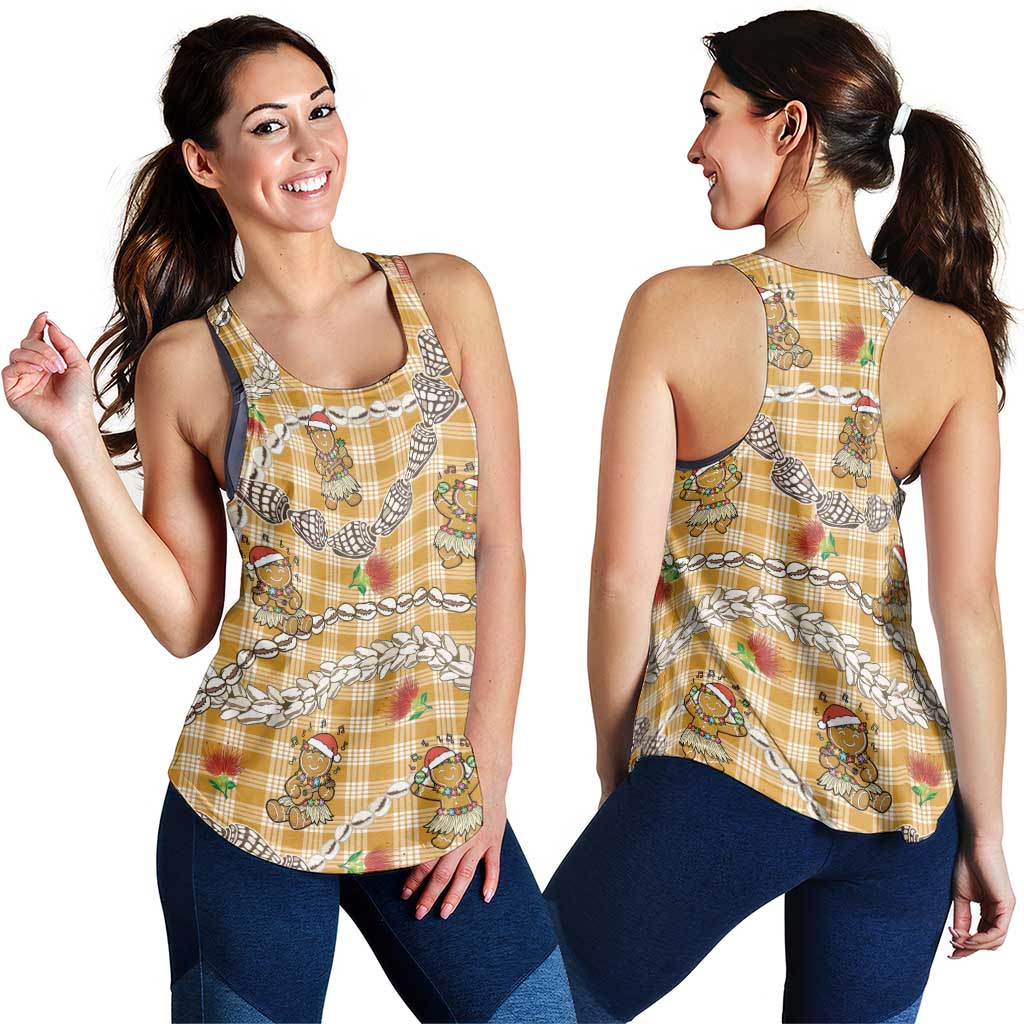 Gold Palaka Hawaii Mele Kalikimaka Women Racerback Tank Ohia Lehua Shell Leis Funny Gingerbread Santa LT14 - Polynesian Pride