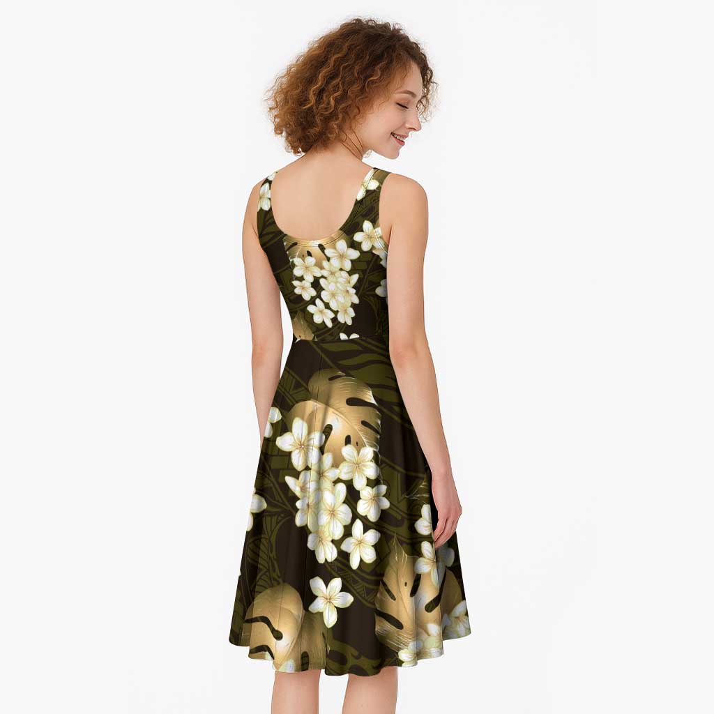 Gold Tropical Hawaii Midi Dress Seamless Monstera Plumeria Hawaiian Pattern - Polynesian Pride